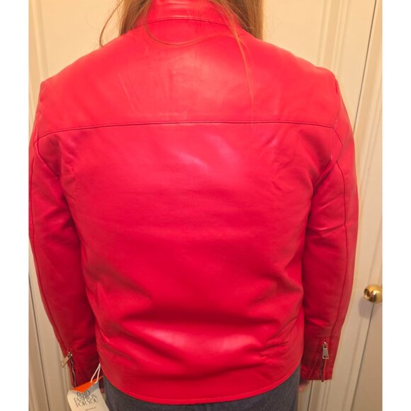 Women's Red Faux Leather Zip Up Moto Biker Y2K Racing Bomber Jackets - Picture 2 of 8